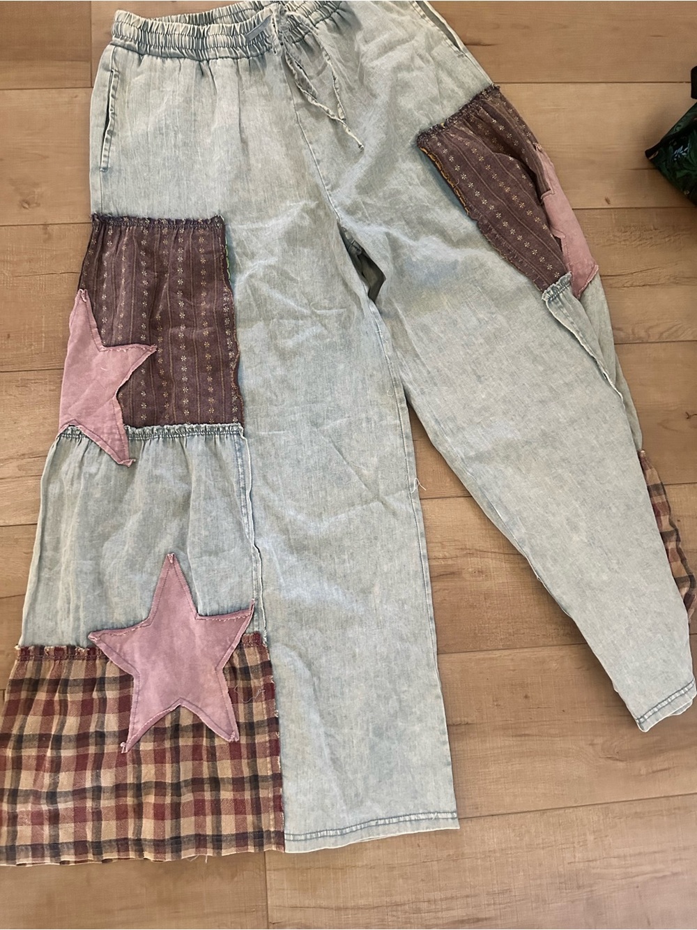Wide-Leg Patchwork Denim Pants with Pink Star Appliqués